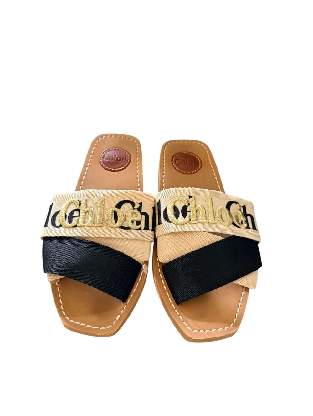 Chloé Woody Logo Slide Sandals Women’s 40 Black Beige Tan Leather Flat Slides